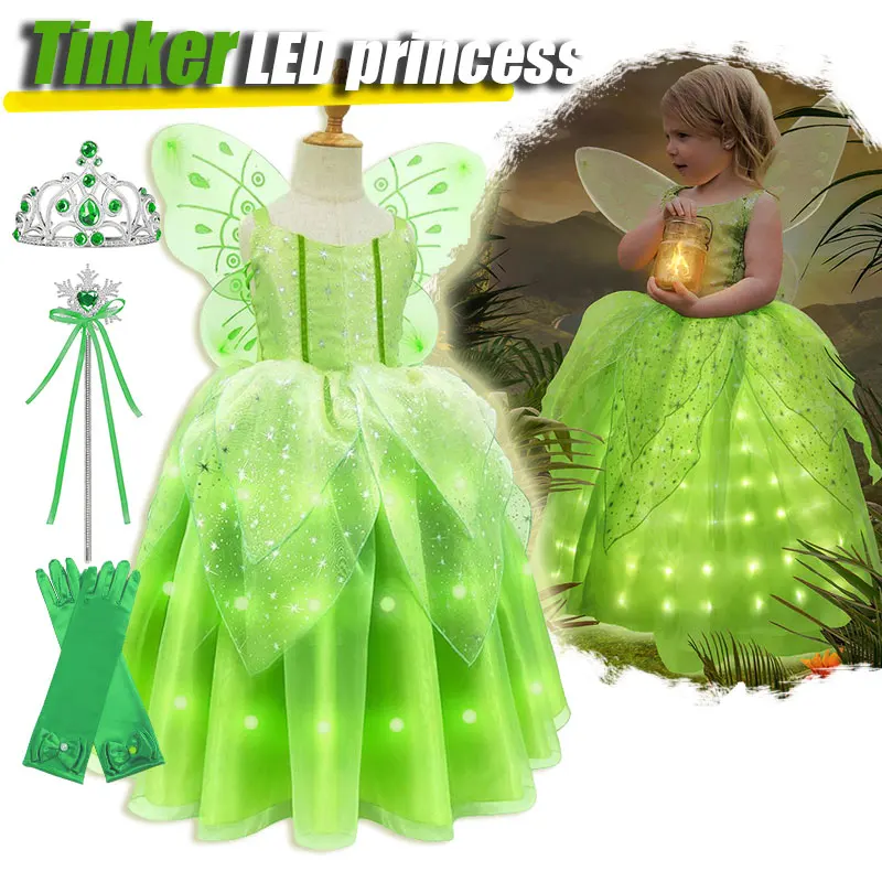 

2024 Tinker Bell Costume Glowing Dress Girls Light up Disney Princess Ball Gown with Wings Toddler Elf Cosplay Party Green Robes