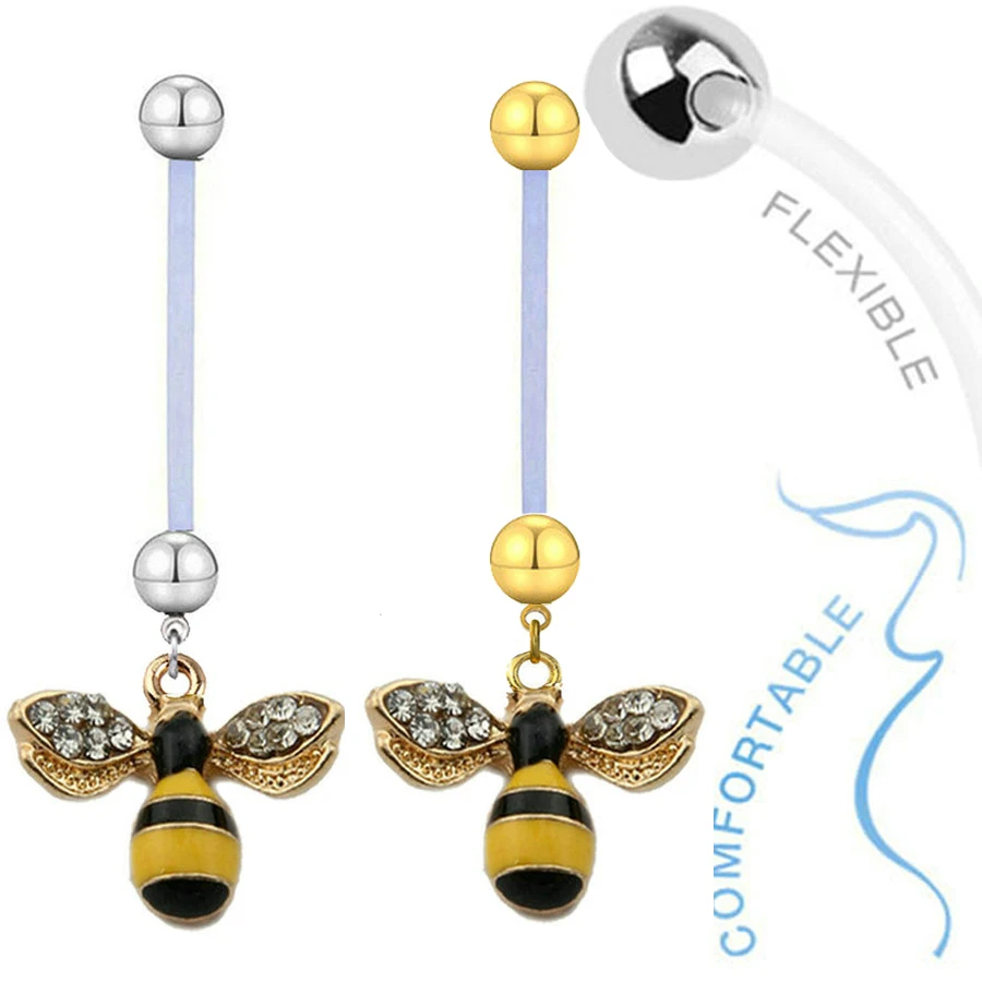 

20pcs/lot Crystal Flying Bee Pregnant Belly Ring Flexible Barbell 22mm Maternity Belly Bars Piercing Ombligo