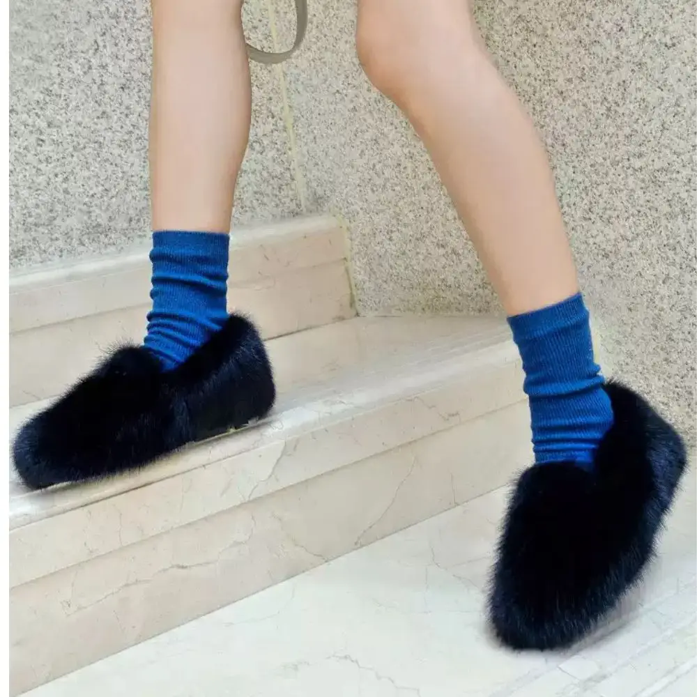 Genuine Mink Fur Shoes For Women Winter Mink Hair Loafers Outdoor Shoes Ladies High Quality Furry Slip On Shoes