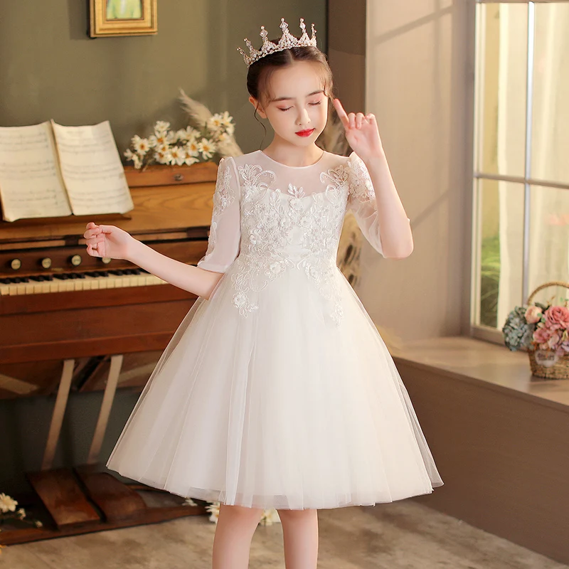 Girls' Dress Half Net Sleeve Ankle-Length Tutu Mesh Yarn Dress Elegant White Embroidered Flower Girl One-piece For Wedding