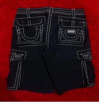 

Black True Faith Embroidered Pocket Jeans Retro Street Hip Hop Gothic Summer New Loose Casual Trendy Denim Straight Shorts