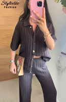 Casual Knit Pants Set Women Hollow Out Lapel Half Sleeve Shirts Elastic Waist Loose Trousers 2025 Summer Beach 2 Piece Sets Lady