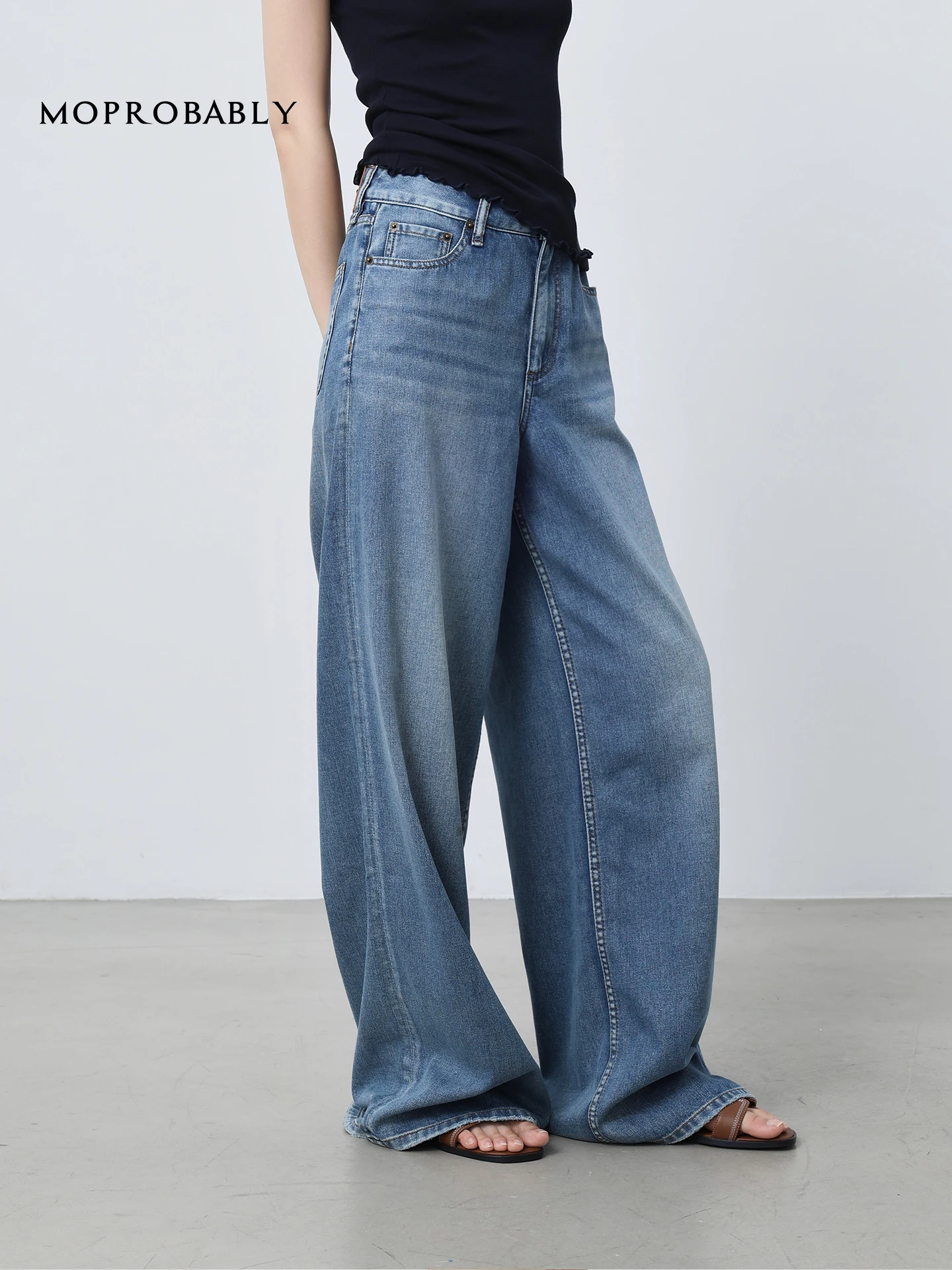 

Синие джинсы Waed прямого кроя, свободные, струящиеся, из хлопка, женские повседневные брюки, летние модные джинсы больших размеров на молнии