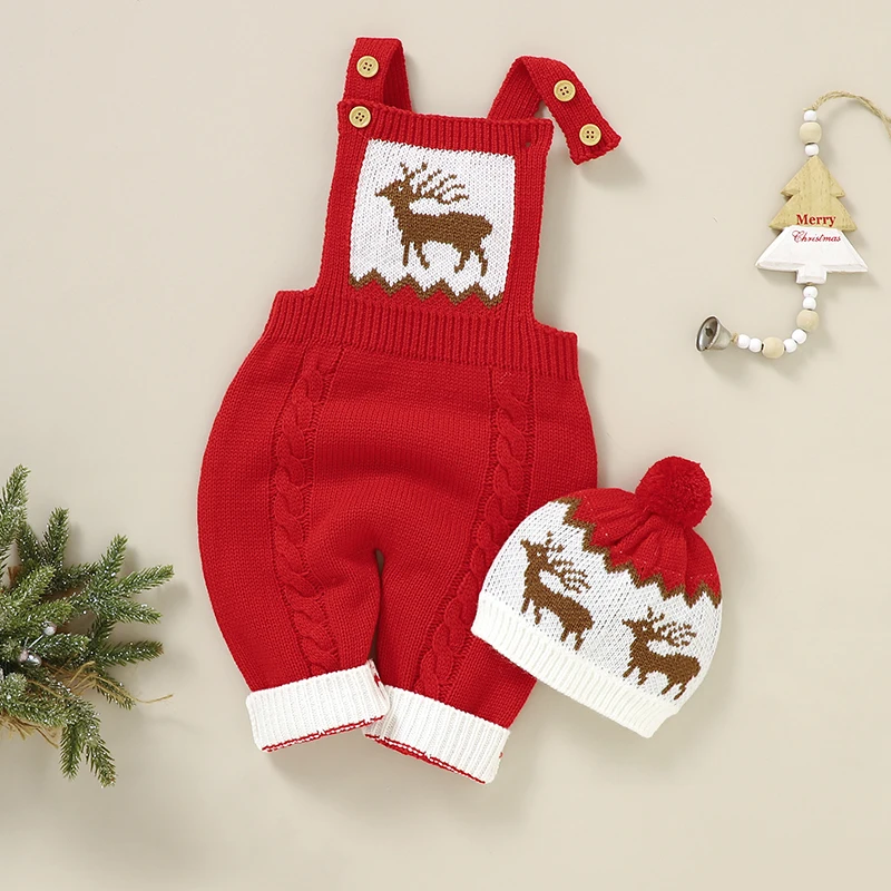 Baby Christmas Rompers Hats Clothes Red Reindeer Knitted Winter Newborn Boys Girls Jumpsuits Outfits 2pcs Infant Unisex Overalls