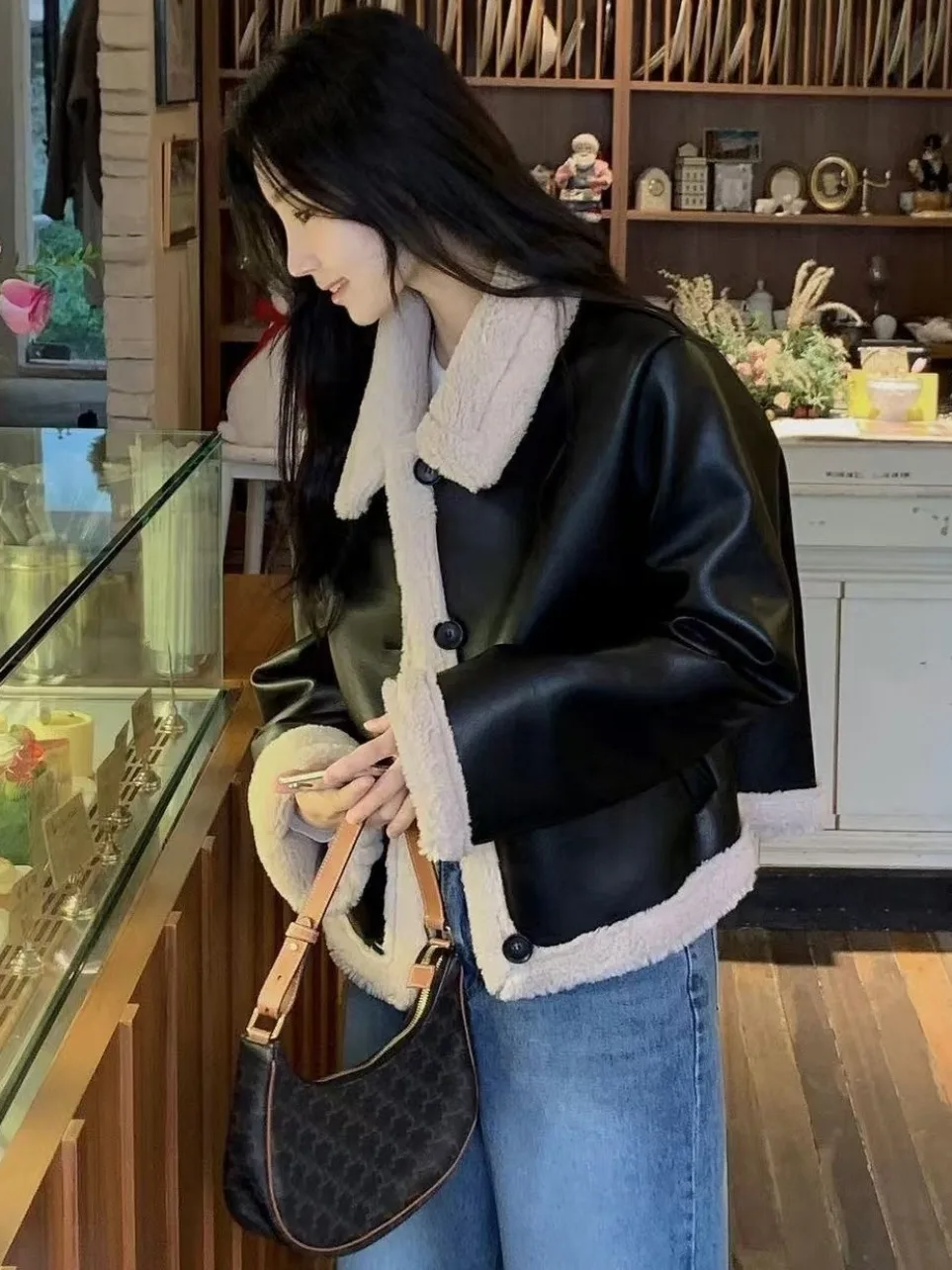 Sli Retro PU cuero Jaet abrigo de mujer piel intercalada ropa de motocicleta invierno nuevo tamaño pequeño Jaet Top