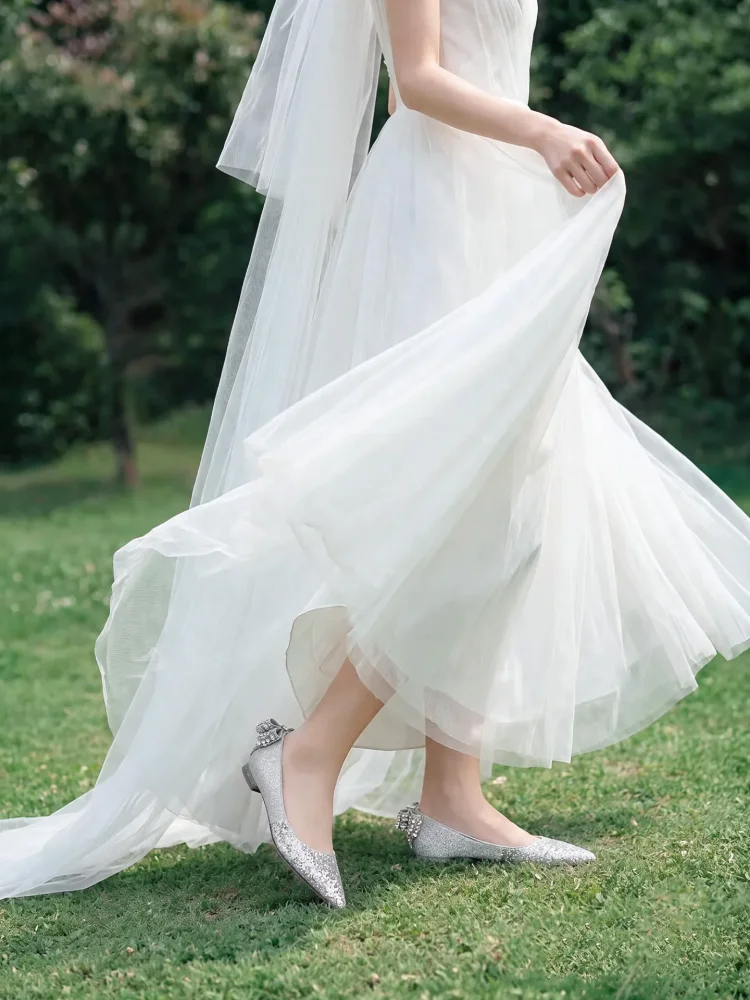 Spring new pointed rhinestone bow glitter high heels wedding shoes banquet large size small size widened flat bottom women shoes