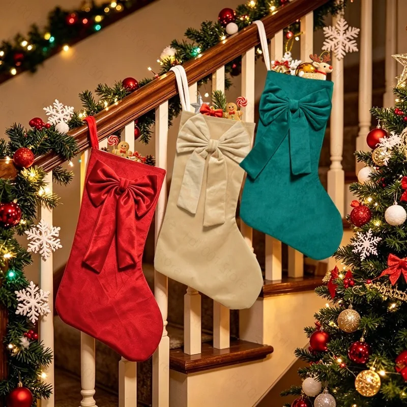 Christmas stockings bow fireplace socks 18 inch velvet Christmas decorations gift bag candy bag Christmas