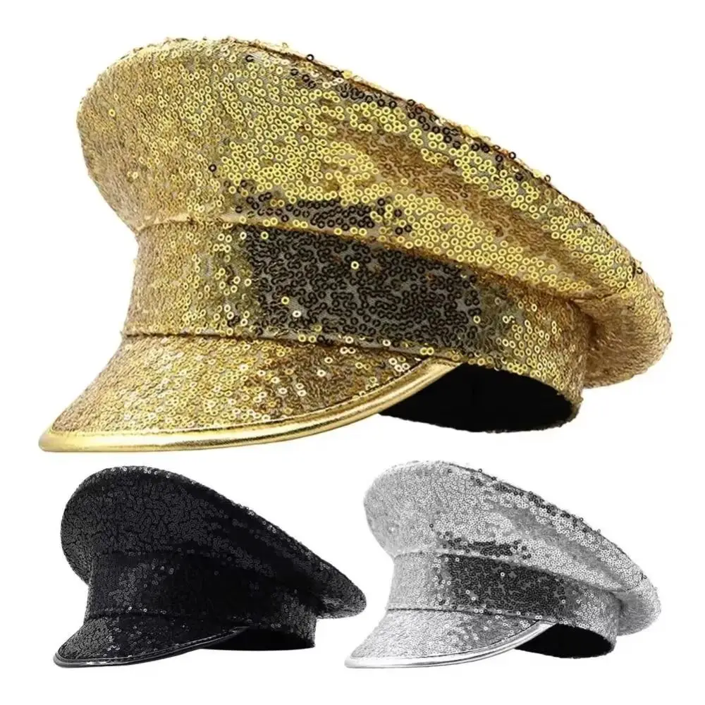Unisex Design PU Leather Sequin Flat Top Hat Shiny Y2k Embellished Hat Sergeant Style Sunscreen Party Hat Prom Performance Bar