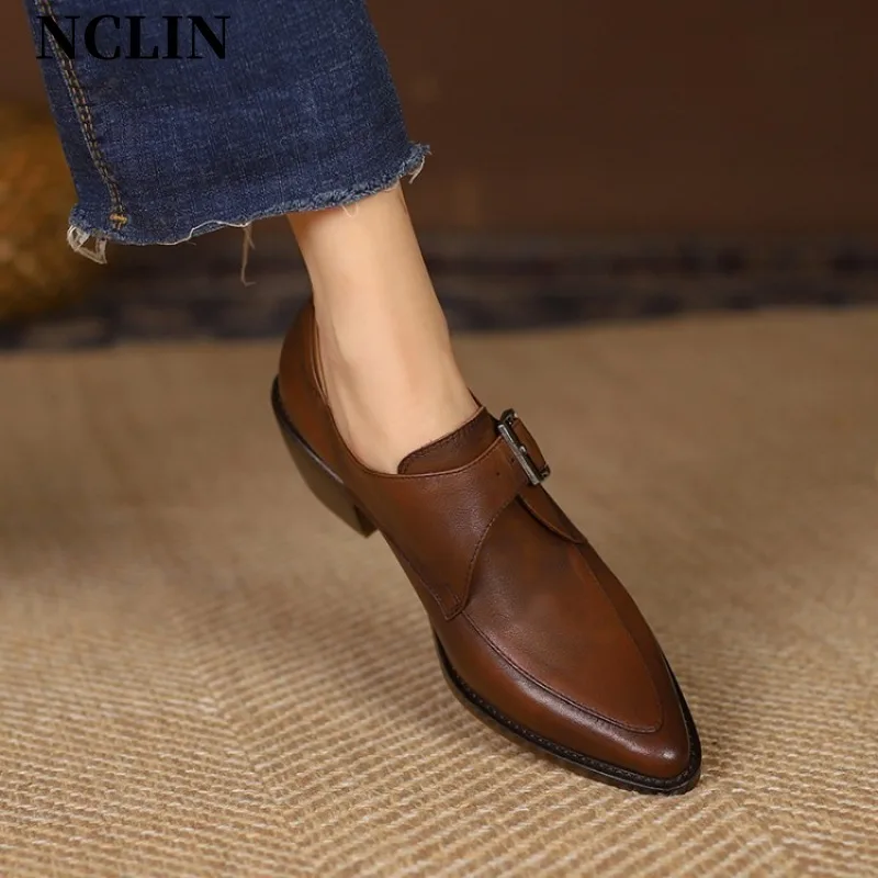 

Spring/Summer Genuine Leather Women Shoes Chunky Heel Pointed Toe Shoes Women Pumps SLIP-ON Med Heel Loafers Zapatos De Mujer