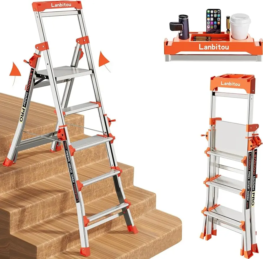 

Ladder, Aluminum 5 Step Ladder with Handrails Anti-Slip Wide Pedal Tool Platform Folding Step Stool Step Ladder for Stairs Home