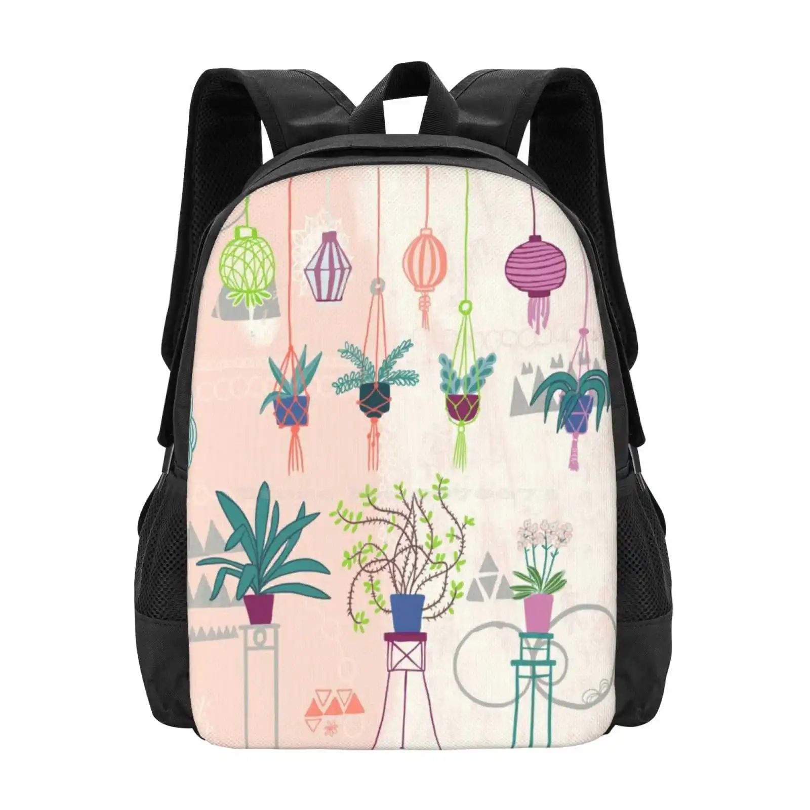 Plants In Plant Hangers And Pots School Bags Travel Laptop Backpack Botanical Succulents Midcentury Design Macrame Green Plants