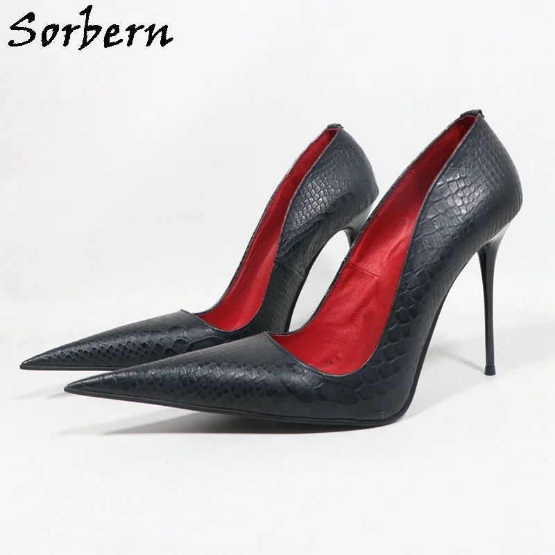 Sorbern Black Snake Women Shoes 12cm Metal Stilettos High Heel Long Pointed Toe Red Insole Lining Shoe Sissy Girls Heeled