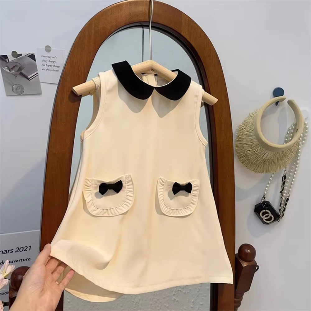 Korean Version Solid Color Sweet Girls' Dress Doll Collar Bow Decoration Pocket Sleeveless Summer New Kids Clothes