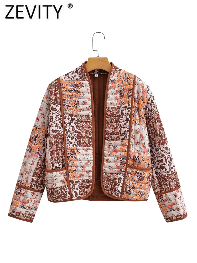 ZEVITY 2023 Women Vintage Cloth Patchwork Flower Print Cotton Padded Jacket Coat Female Pockets Outerwear Chic Short Tops CT5796