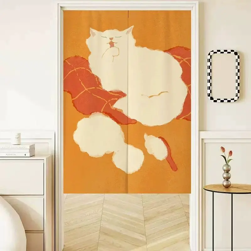VIKAMA Yellow Red Cat Napping Door Curtain Hanging for Kitchen Doorway Room Partition Cozy Retro Warm Style Home Decor