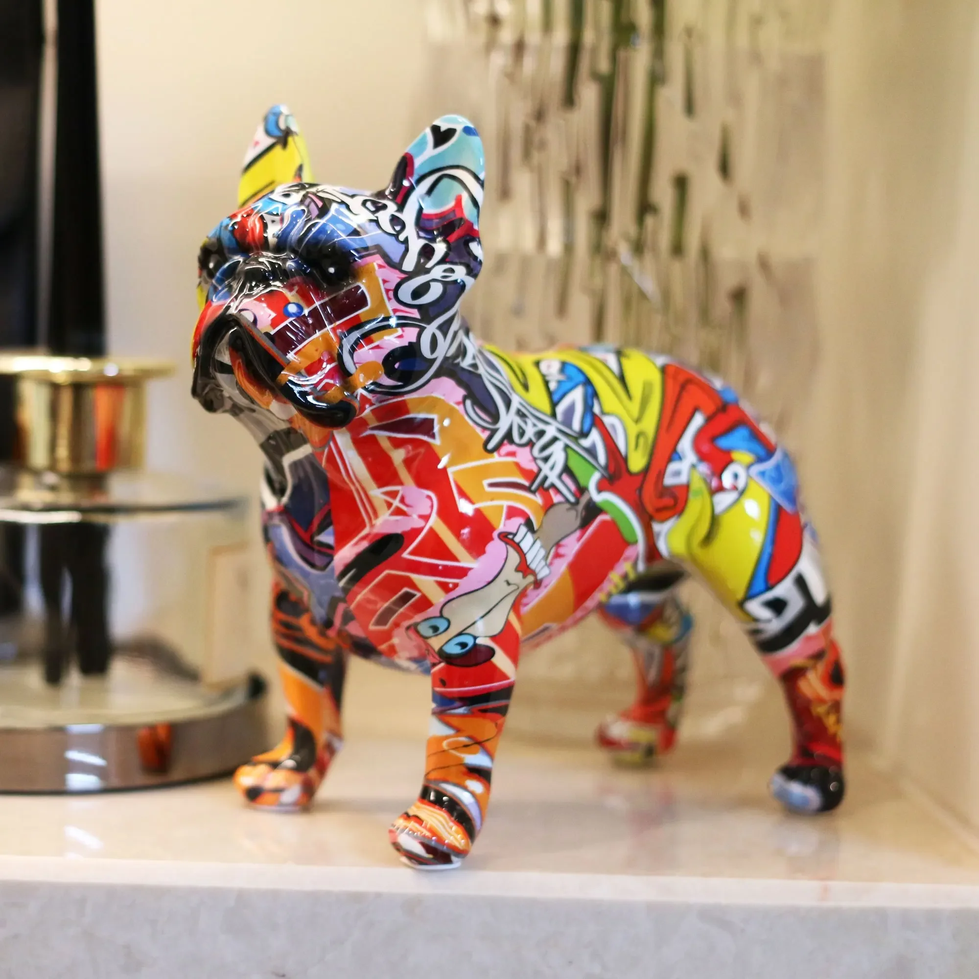 

Creativity Art Modern Colorful Pet French Bulldog Statue Graffiti Office Ornaments Printing Resin Dog Home Decor Crafts