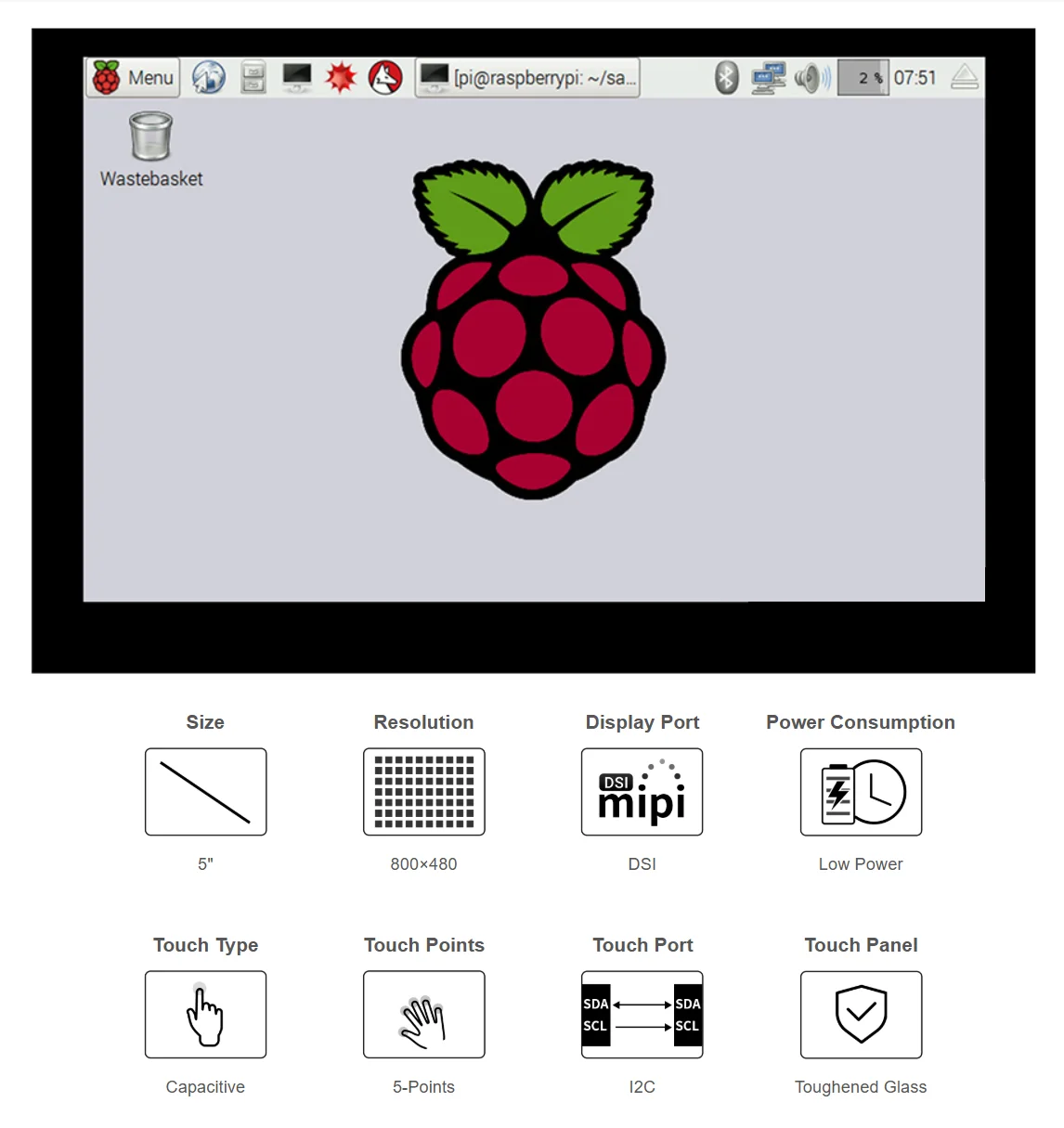 Interfaccia DSI con display touch capacitivo da 5 pollici e 7 pollici, 800×480 per Raspberry Pi 5 4B 3B 3B+ Zero CM3 CM3+ CM4 VisionFive2 Core3566
