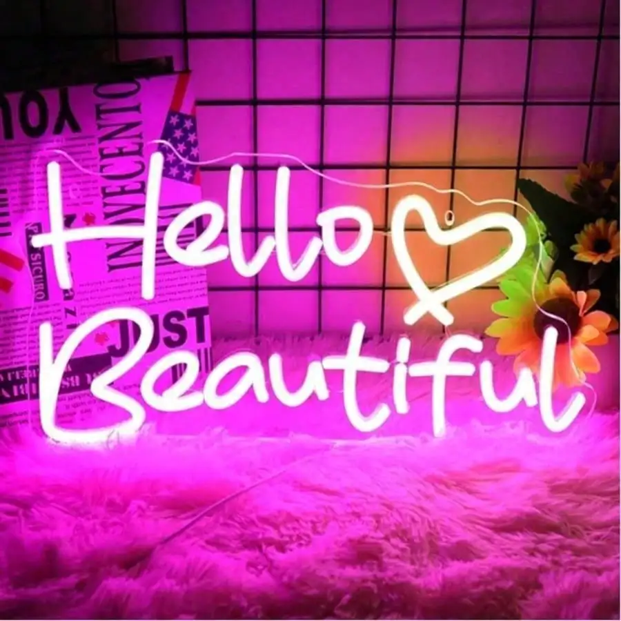 Hello Beautiful LED Neon Sign Dimmable USB Wall Light for Girls Bedroom Vanity Hotel Wedding Birthday Party Home Wall Decor Gift