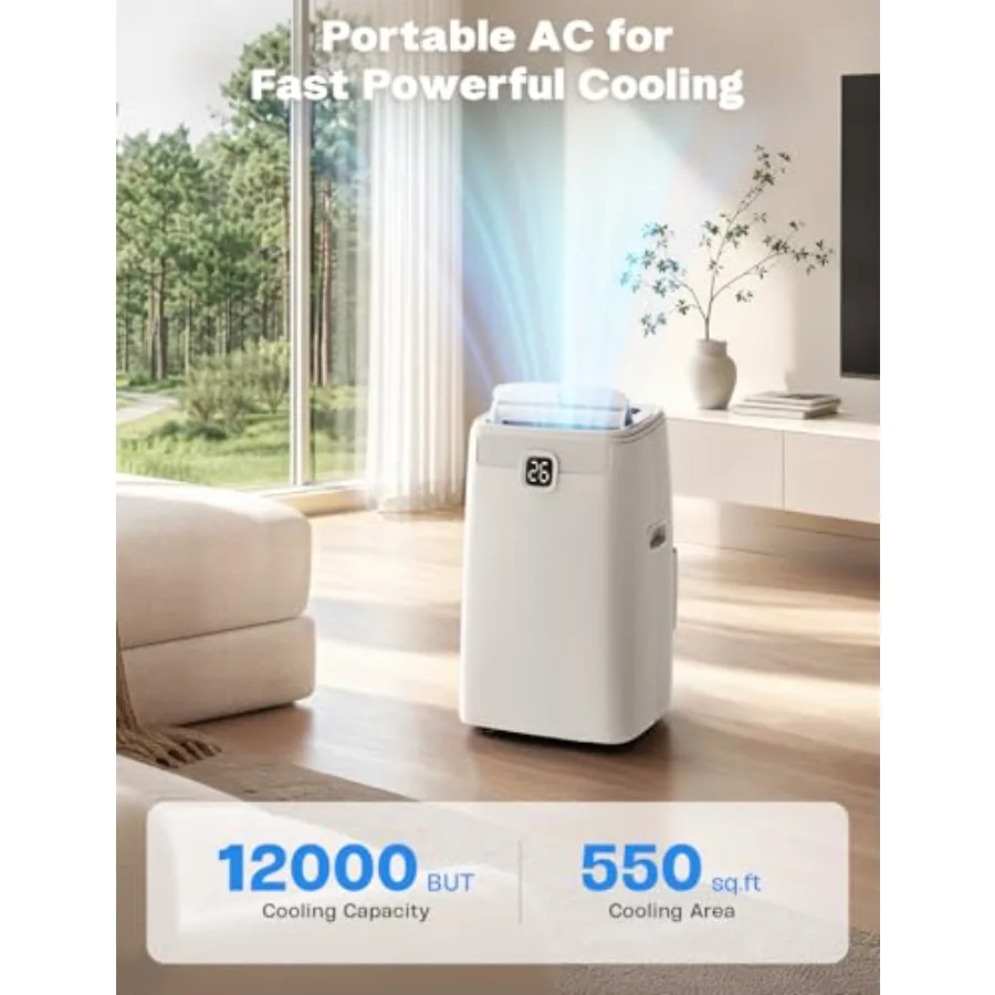 Portable air conditioner for bedroom use, aluminum housing, white color, 12000 BTU cooling capacity with 24H timer and smart sl