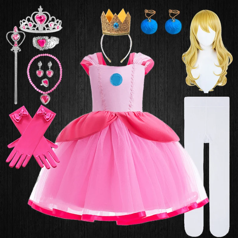 

2023 New Movie Kids Super Bros Pink Princess Peach Costumes Halloween Cosplay Girls Luigi Brothers Masquerade Party Peach Dress