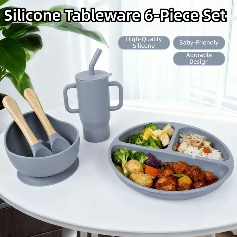 

6Pcs/Set Cute Silicone Dining Plate Set Divided Compartments Suction Bowl Training Tableware Learning Cup Feeding