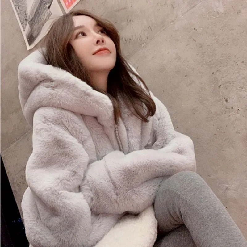 Winter Warm Elegant Thick Faux Fur Coats Women Loose Casual Belt Black Lady Jacket Korean Fashion Gray Student Outwear New Cute