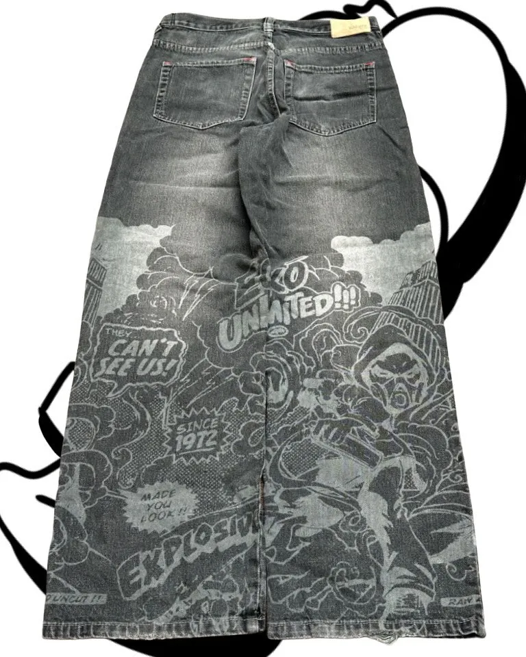 American Fashion Printing Jeans Hip Hop Baggy Cross-legged Jeans Grey Wash Straight Mop Pants Men and Women