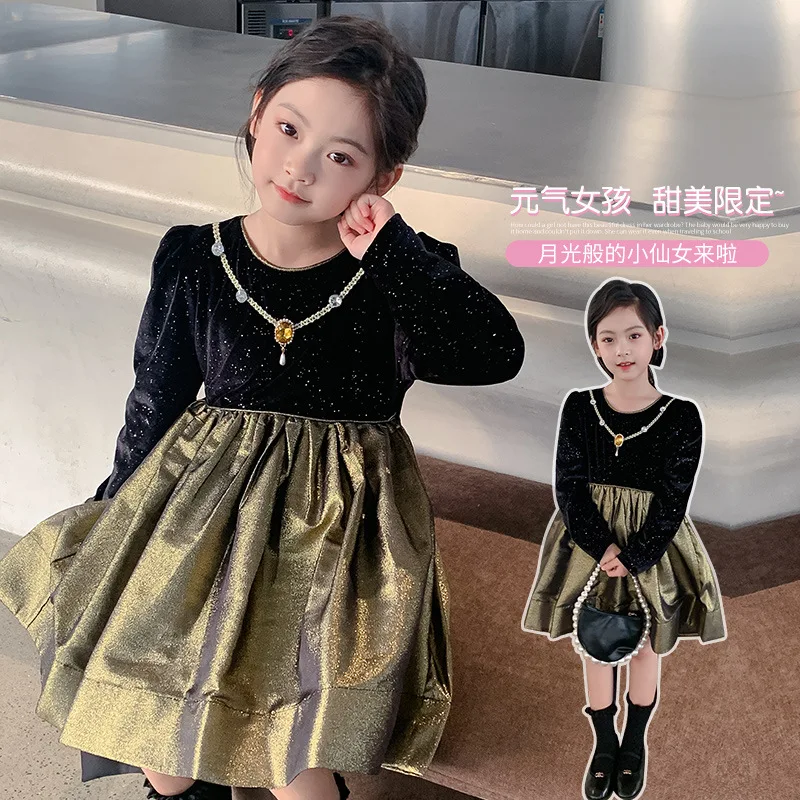 

Girls' Spring Dress New Trendy Big Kids Spring Long Sleeve Velvet Princess Dress Girls' Performance Costume Birthday