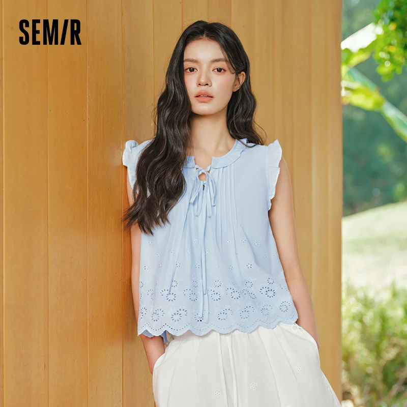 Semir Women Shirt Cotton Embroidered Bow Short Length Ruffle Lace Sweet Stylish 2026 Summer Casual Fashion Versatile Top