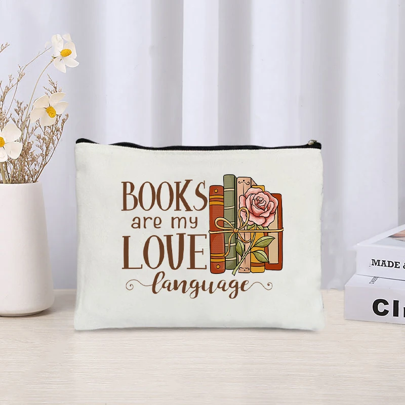 Creative Campus Style Books Canvas Cosmetic Bag, Storage Zipper Pouch Office Supplies Pencil Case Gift for Book Lovers