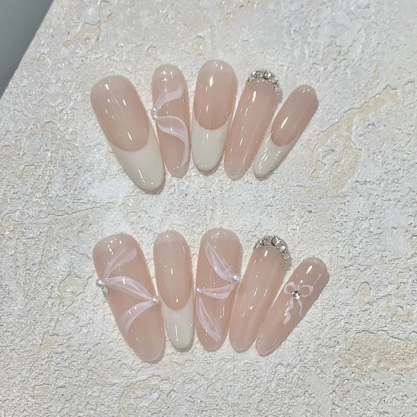 10 pçs longo artesanal imprensa em unhas cobertura completa fita arco borboleta strass design unhas falsas manicure wearable dicas de unhas arte