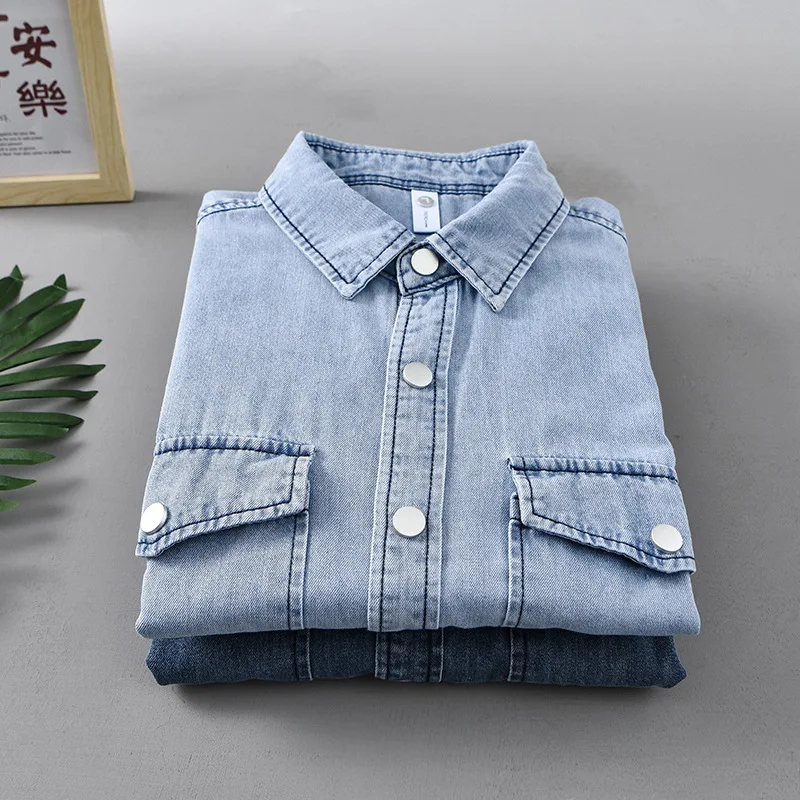 688 Casual Spring Denim Shirts Thin Jackets For Man Handsome Boyfriend High Street Vintage Solid Color Lapel Long Sleeve Coats