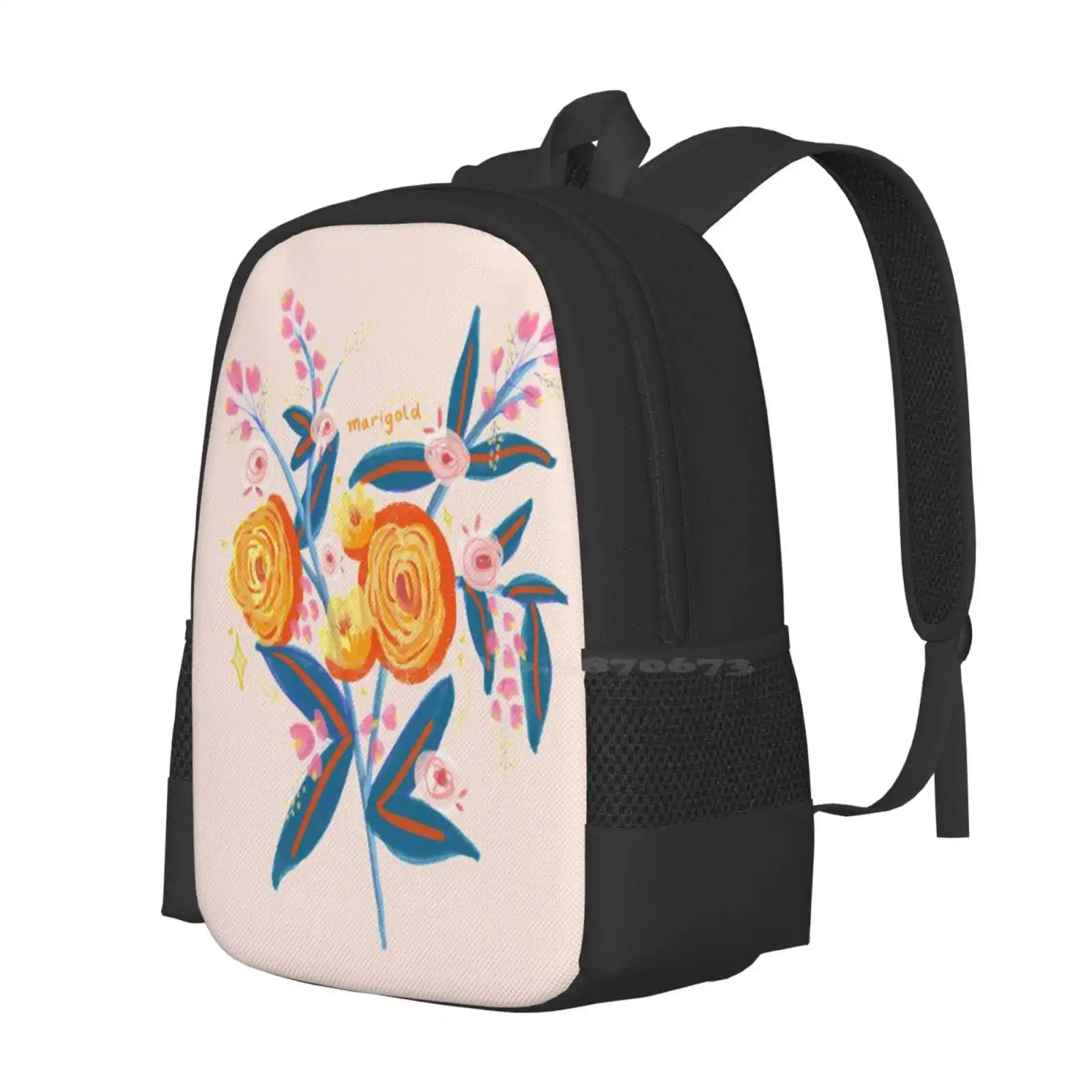 Marigold Flower Hot Sale Schoolbag Backpack Fashion Bags Flowers Beautiful Marigold Rose Leaf Nature Hilestory Girl Colorful