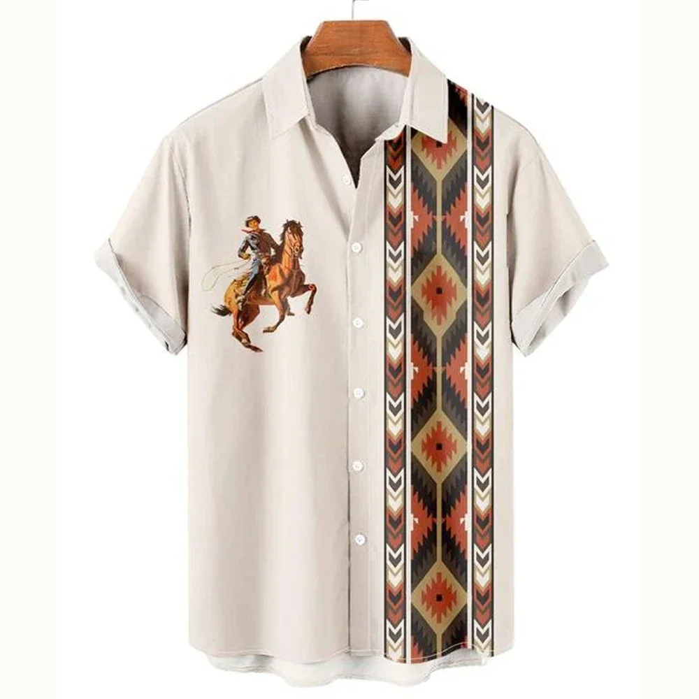 

Camisa de vaquero para hombre, ropa con estampado 3D, etnico, Hawaiano, Vintage, informal, Simple, de manga corta, con solapa