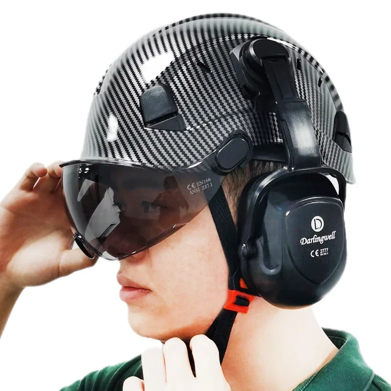 Carbon Fiber Pattern Safety Helmet With Visor Engineer Goggles Construction Hard Hat With CE Earmuffs ABS Work Cap