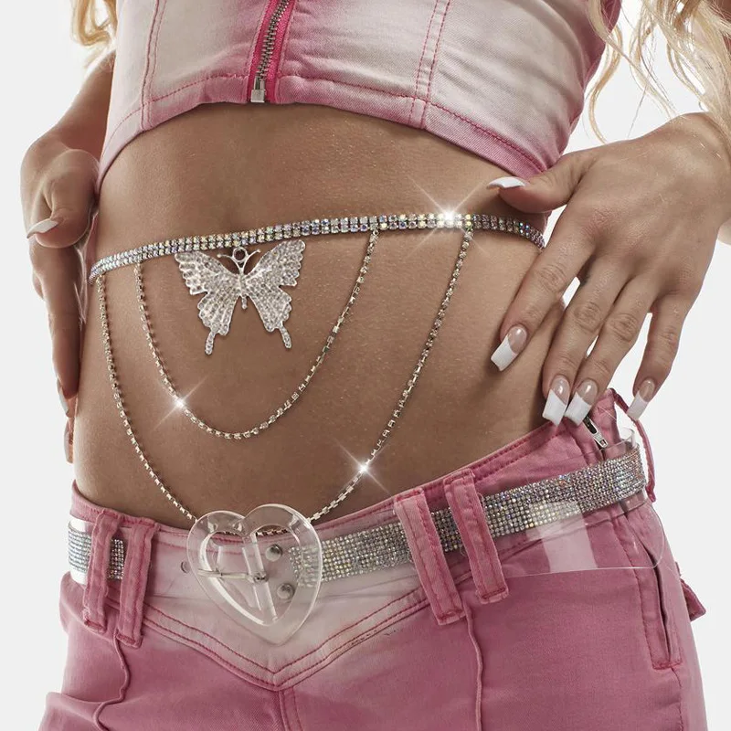 2022 Summer Girls Silver Rhinestone Butterfly Belly Chain Body Jewelry Women Grace Waist Belt