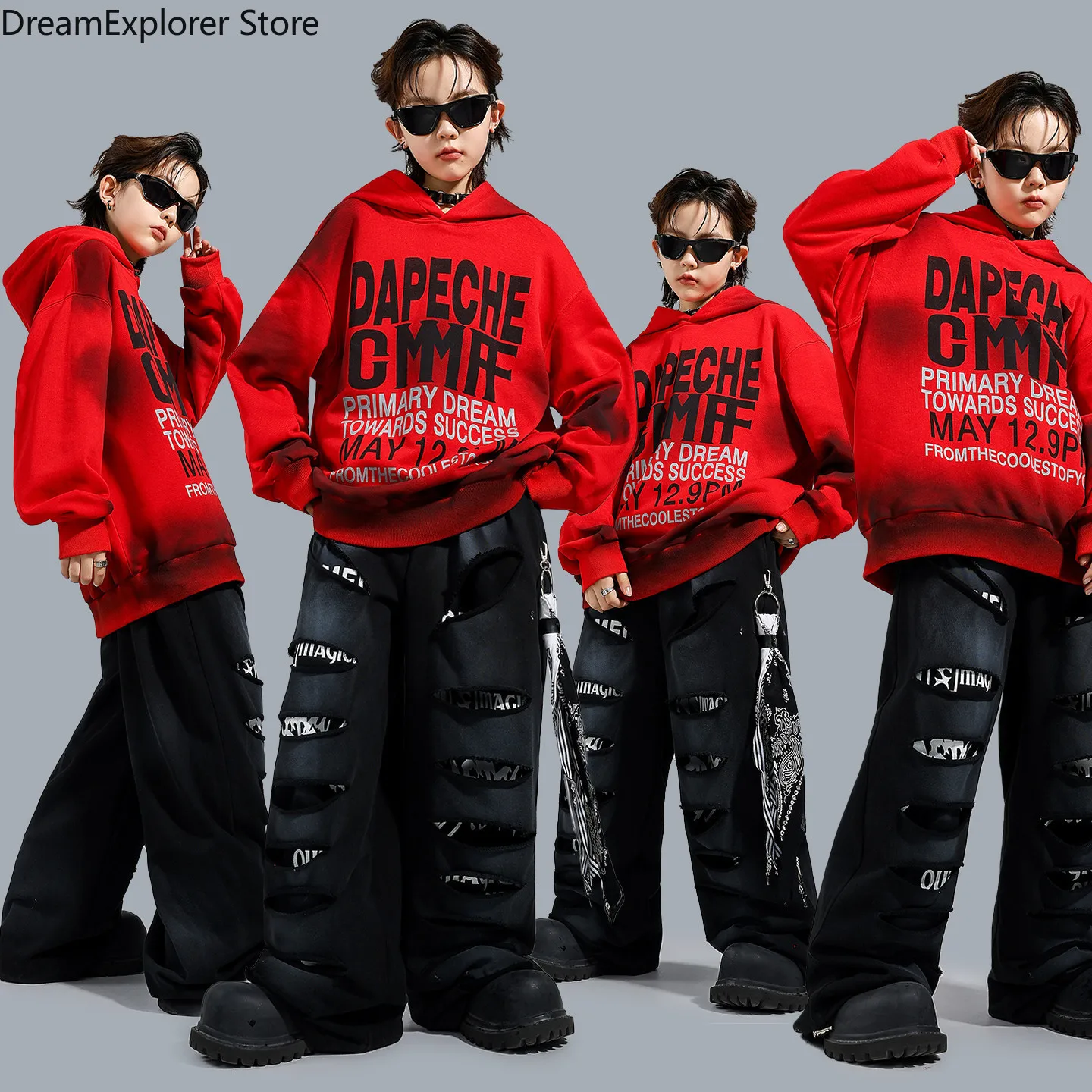 

Boys K-pop Letters Hoodies Street Dance Ripped Joggers Pants Girls Hip Hop Sweatshirt Costume Kids Streetwear Child Clothes Sets