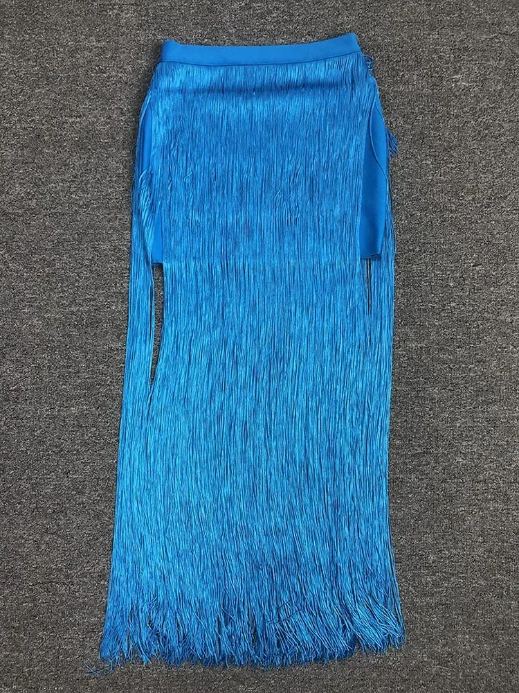 2025 sexy borla design conjunto de duas peças feminino azul halter sem costas colheita superior + franja bandagem saia ternos festa à noite clube conjuntos