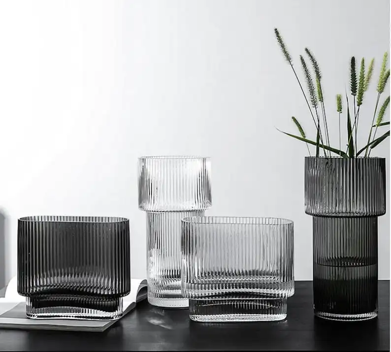 Ribbed Glass Vase, Simple Clear Transparent, Modern Minimalist, Creative Home Decor Interior Wedding Design Dropshipping