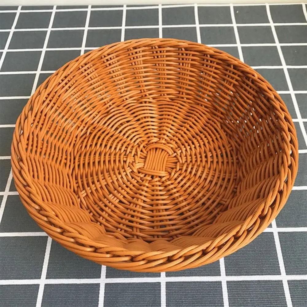 Imitation Rattan Woven Kitchen Storage Basket Round Rectangle Coffee Bread Fruit Tray Vegetables Candy Snacks Sundries Organizer