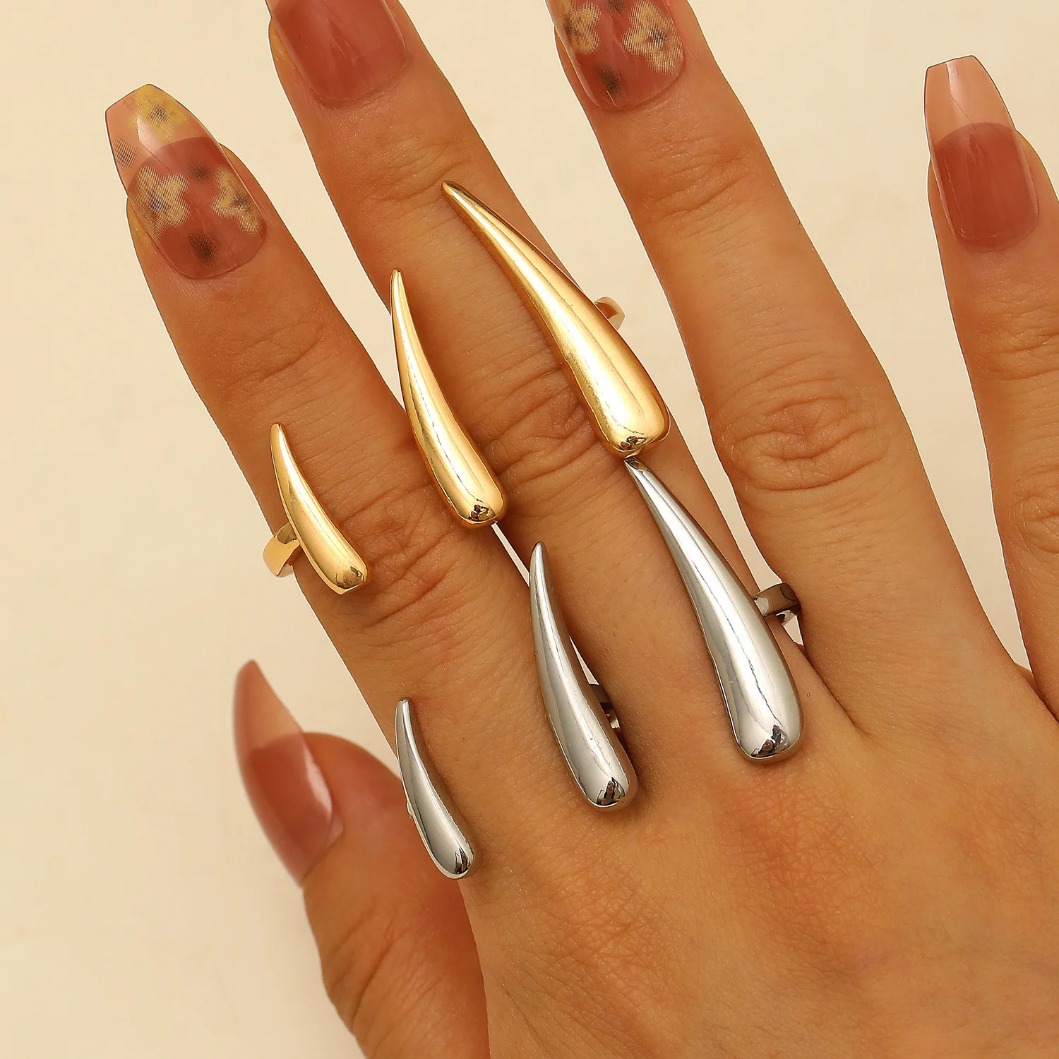 LATS New Design Claw-shaped Connected Ring for Women INS-style Long Strip Water Drop Irregular Geometric Hand Accessory Jewelry