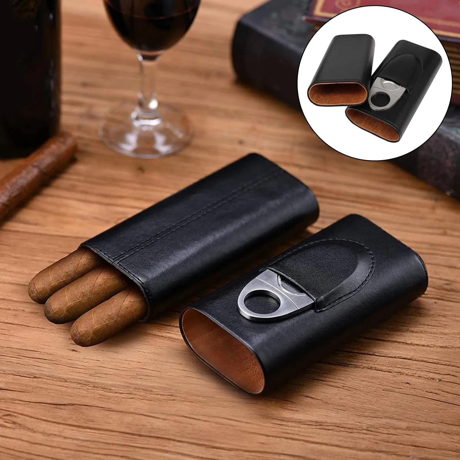 

Leather Cigar Case Three-Finger Portable Cigar Humidor Cowhide Material Leather Case Box With Silver Cigar Cutter Gift