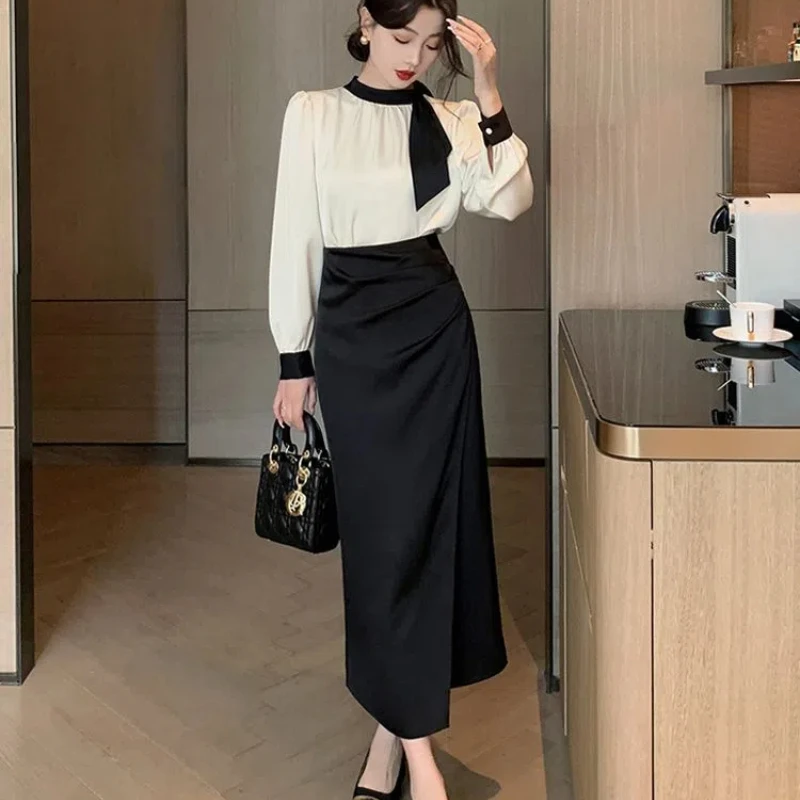 

Women's New Butterfly Bow Contrasting Color Shirt Set High Waist Split Half Skirt Two-piece Set