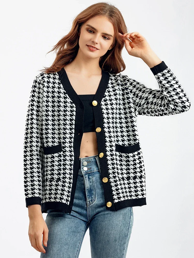 Houndstooth Cardigans Long Sleeve Sweater Women Autumn Winter Clothes Open Stitch Female Outwear Streetwear Knitted Cardigan