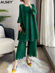 ALSEY Miyake Pleated Beading Solid Color Two Piece Set for Women Spring New Round Collar Top Wide Leg Loose Pants Clothing