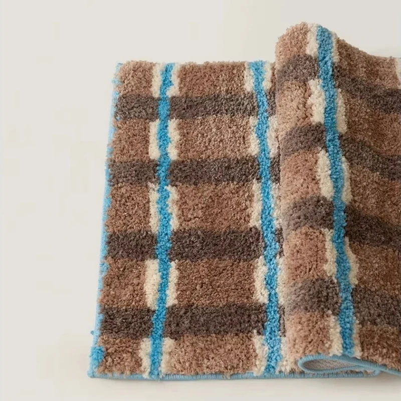 Vintage Style Korean Striped Checkered Plush Bathroom Rug Non-Slip Home Floor Mat Cozy Bedroom Entrance Foot Bath Mat