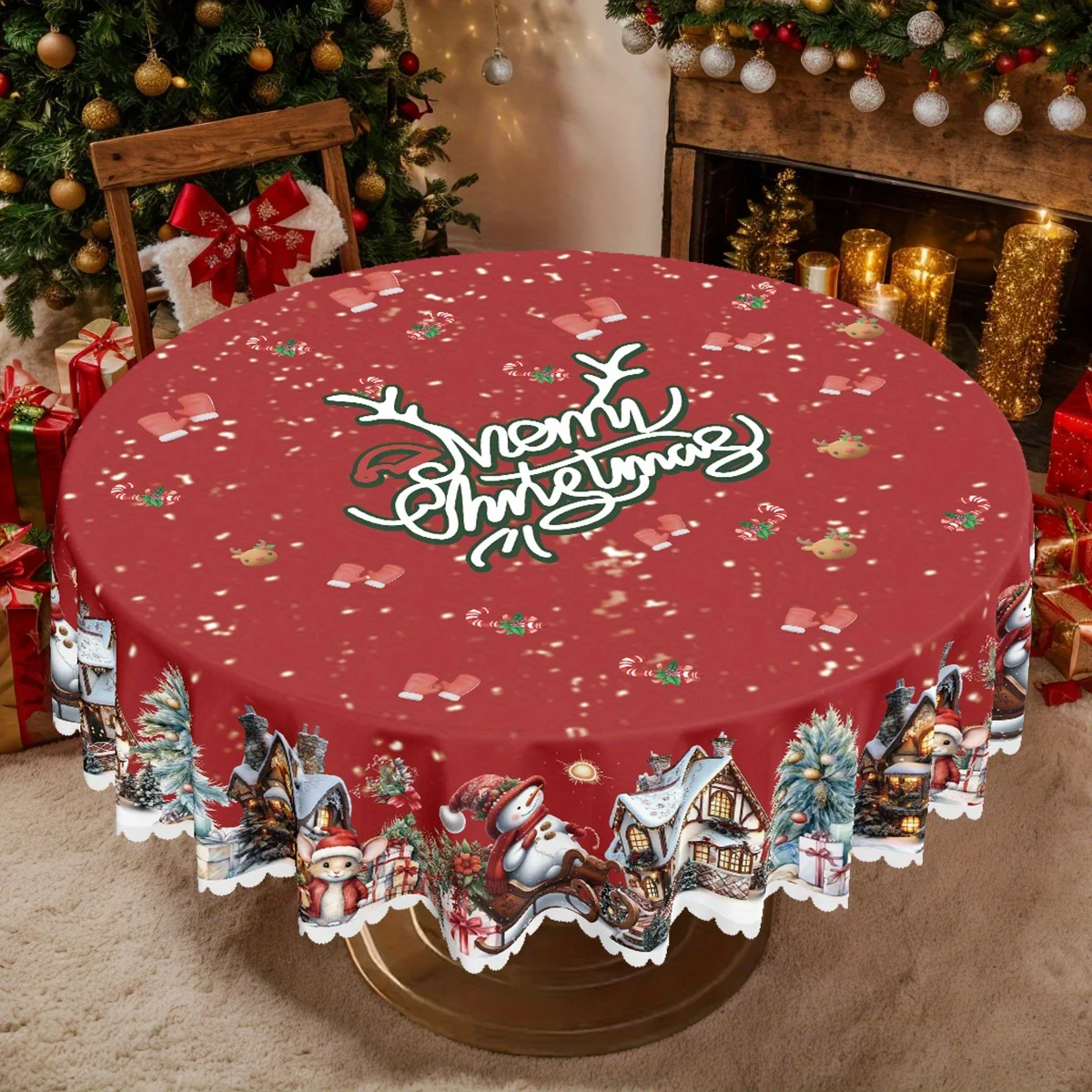 1 piece, Christmas themed party tablecloth, snowman Christmas tree snow design pattern print,tablecloth with embossed edges