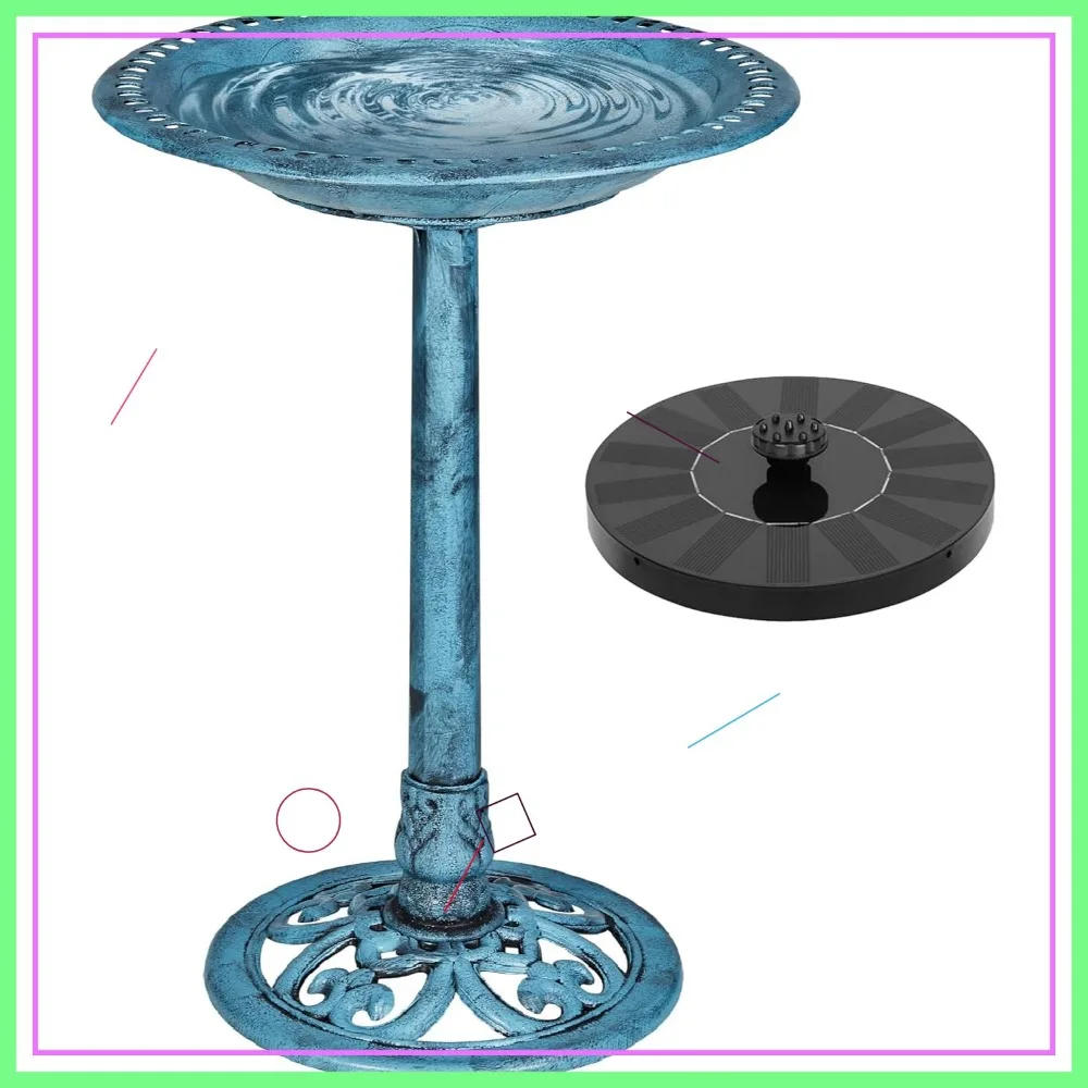 28" Pedestal Outdoor Bird Bath with Solar Fountain, Vintage Bronze Polyresin, Lightweight Antique for Yard/Garden