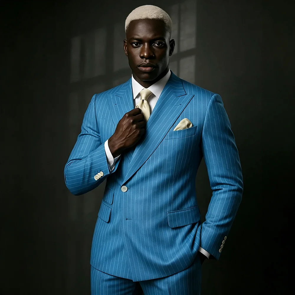 

Elegant Stripe Single Breasted Men's Blazer Sets Wedding Groom Tuxedos Business Casual 2 Pieces Jacket Pants Costume Homme