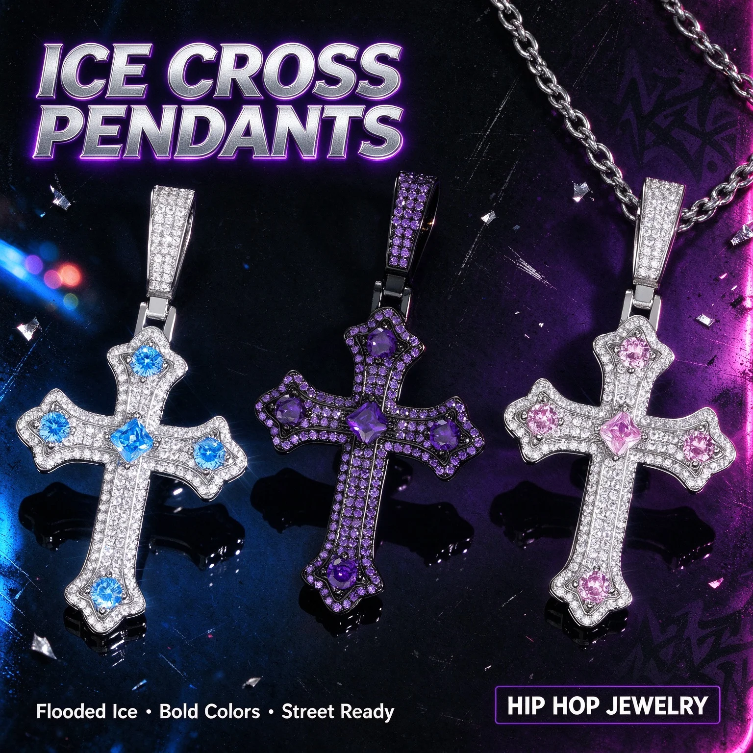 Iced Out Cross Pendant Necklace Punk Hip Hop Religious Jewelry Colorful Gothic Charm Bling Diamond Men Women Rapper Fine Gifts